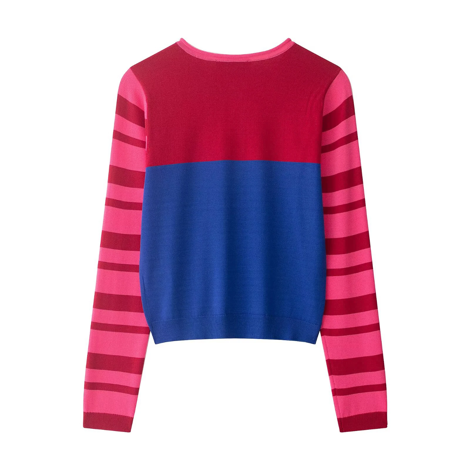 Spring and summer new women's lazy style single breasted long sleeved round neck color blocked casual knitted cardigan