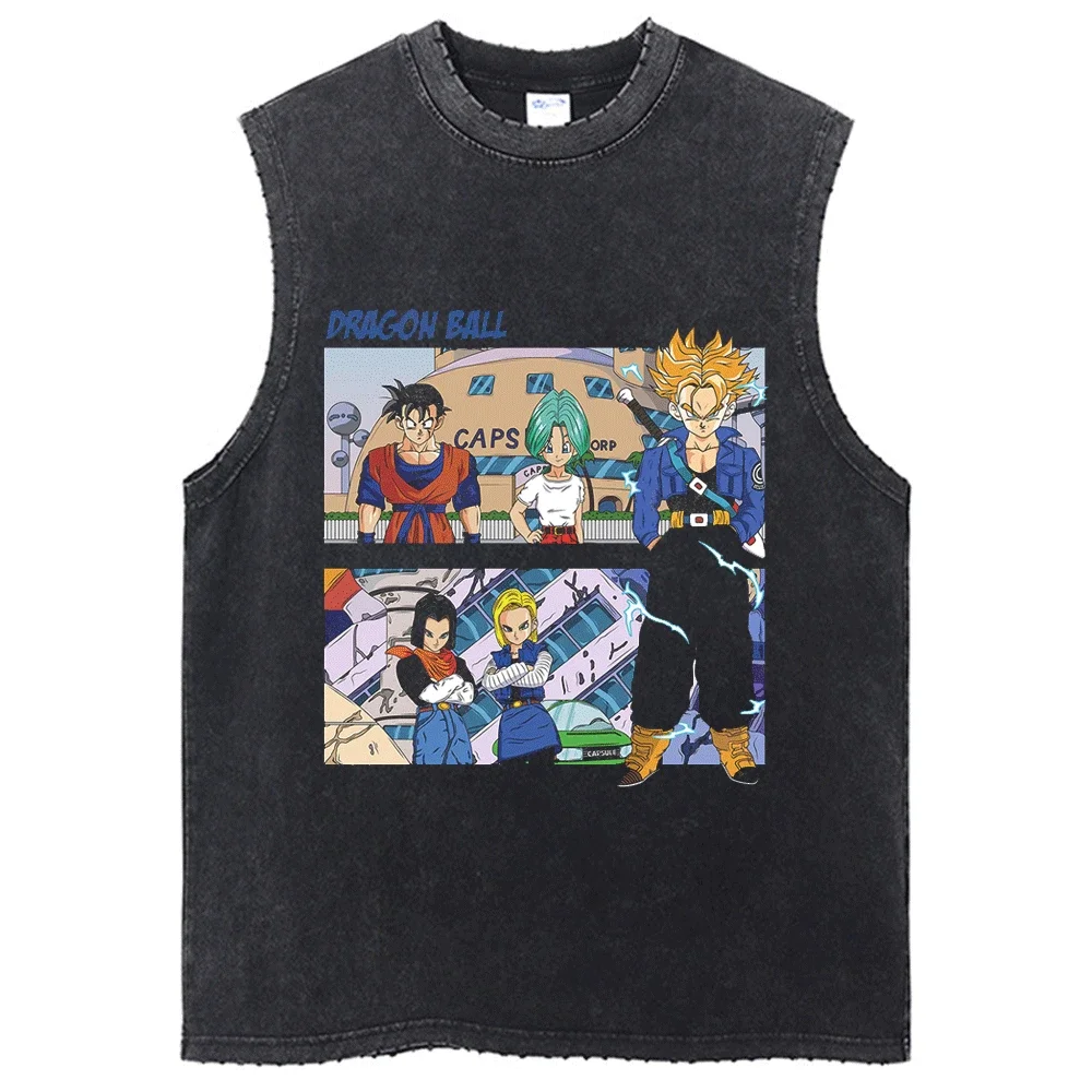 Men Washed T-Shirt Sleeveless Dragon Ball Anime Graphic Oversized T Shirt Summer Short Sleeve Hip-hop Tshirt VintageTank