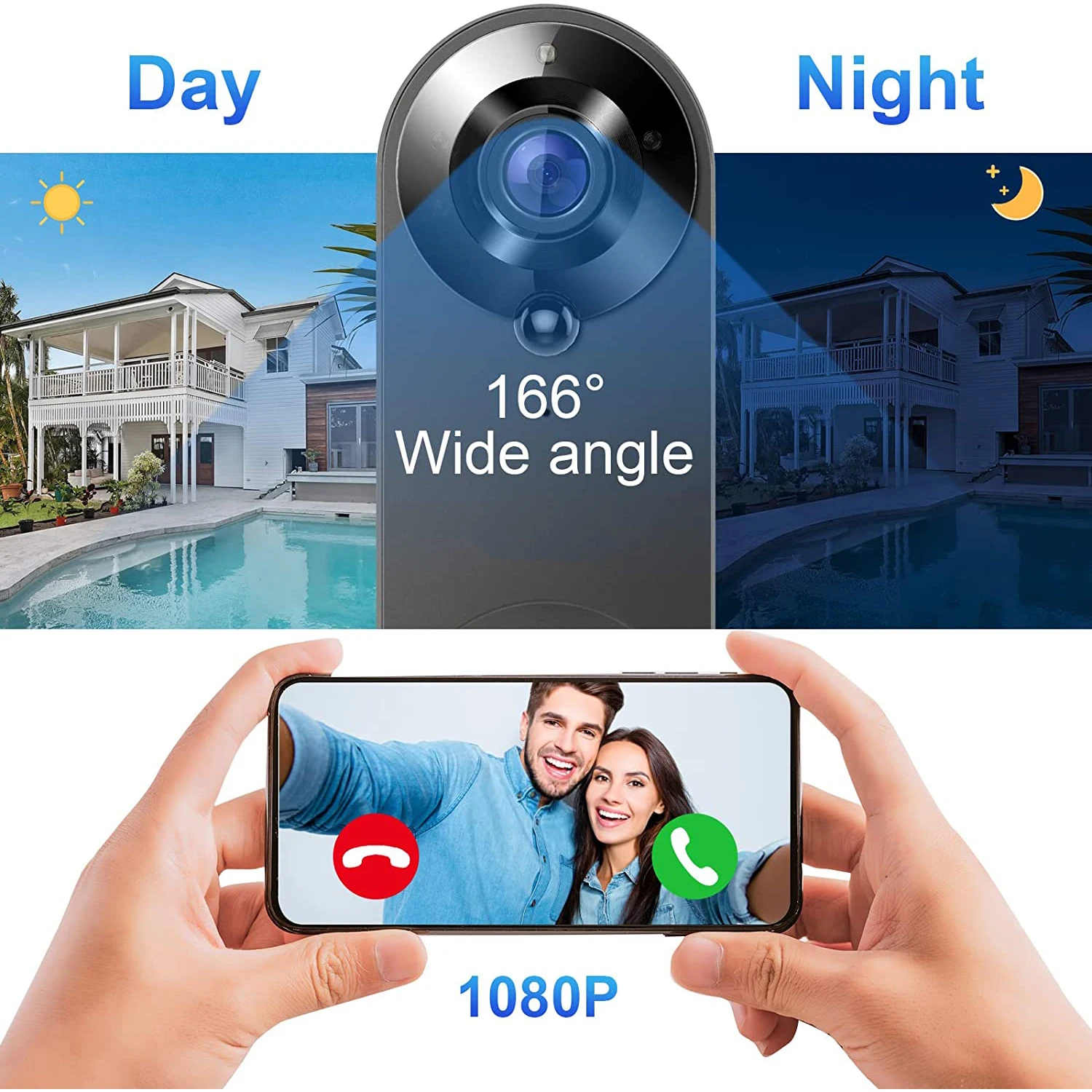 Wireless WiFi Doorbell Video Intercom, Campainha com Câmera, 1080P, Tuya Smart Home, Proteção de Segurança, Detecção de Movimento PIR