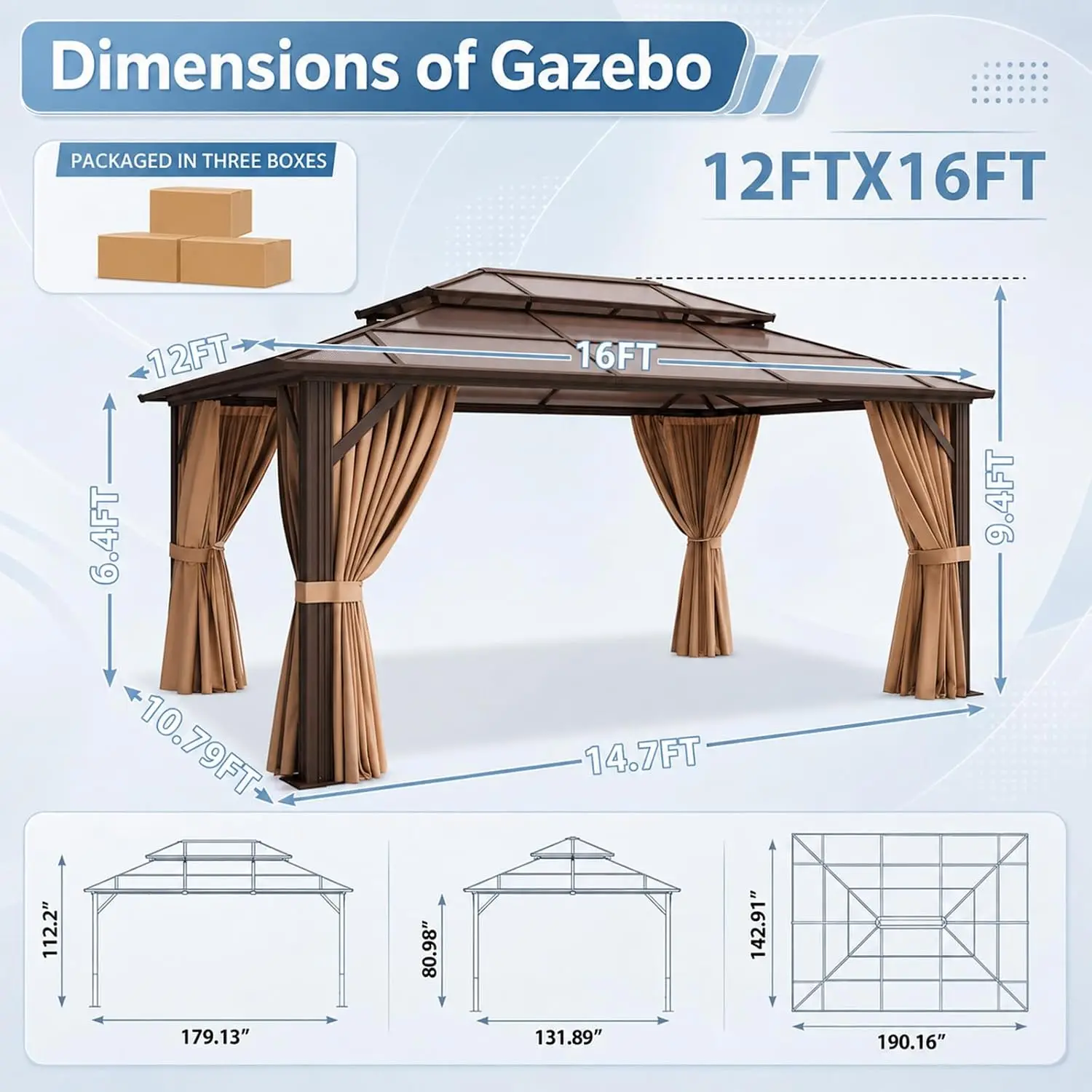 12'x16' Hardtop Gazebo Permanent Pavilion with Curtains And Netting Customizable Outdoor Shelter for Backyard Patio