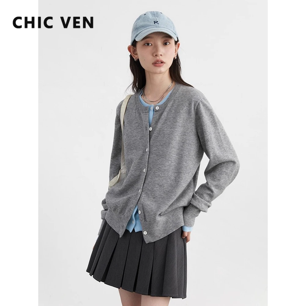 เสื้อคาร์ดิแกนผู้หญิงสไตล์เกาหลี CHIC VEN ทรงหลวม คอทรงโอ กระดุมสองแถว สีตัดกัน เสื้อถักไหมพรมสำหรับสาวๆ ใส่ได้ทั้งฤดูใบไม้ผลิและฤดูใบไม้ร่วง ปี 2025