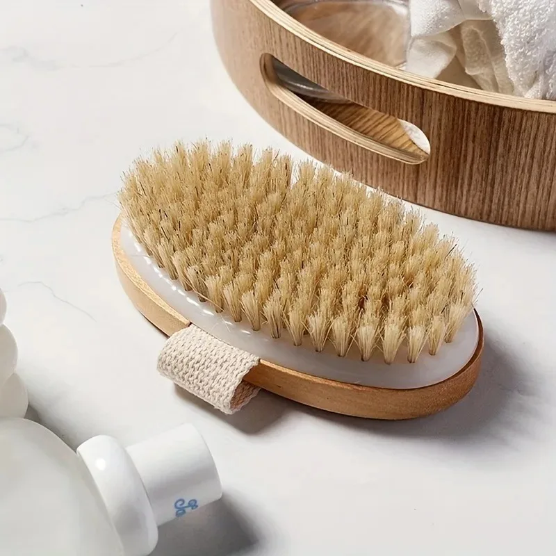 Pig mane hair bath brush, wooden exfoliating body dry brush, long handle back brush, scrubbing bath artifact