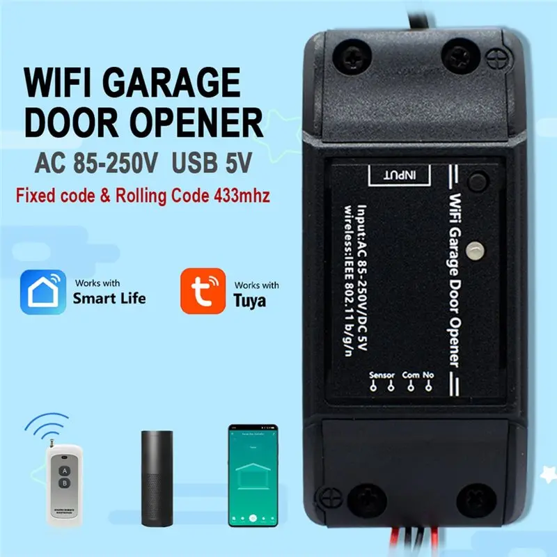 ABAC-AC85-250V Universal Tuya Wifi inteligente 433Mhz código rodante fijo abridor de puerta de garaje receptor RF con Sensor de puerta USB5V