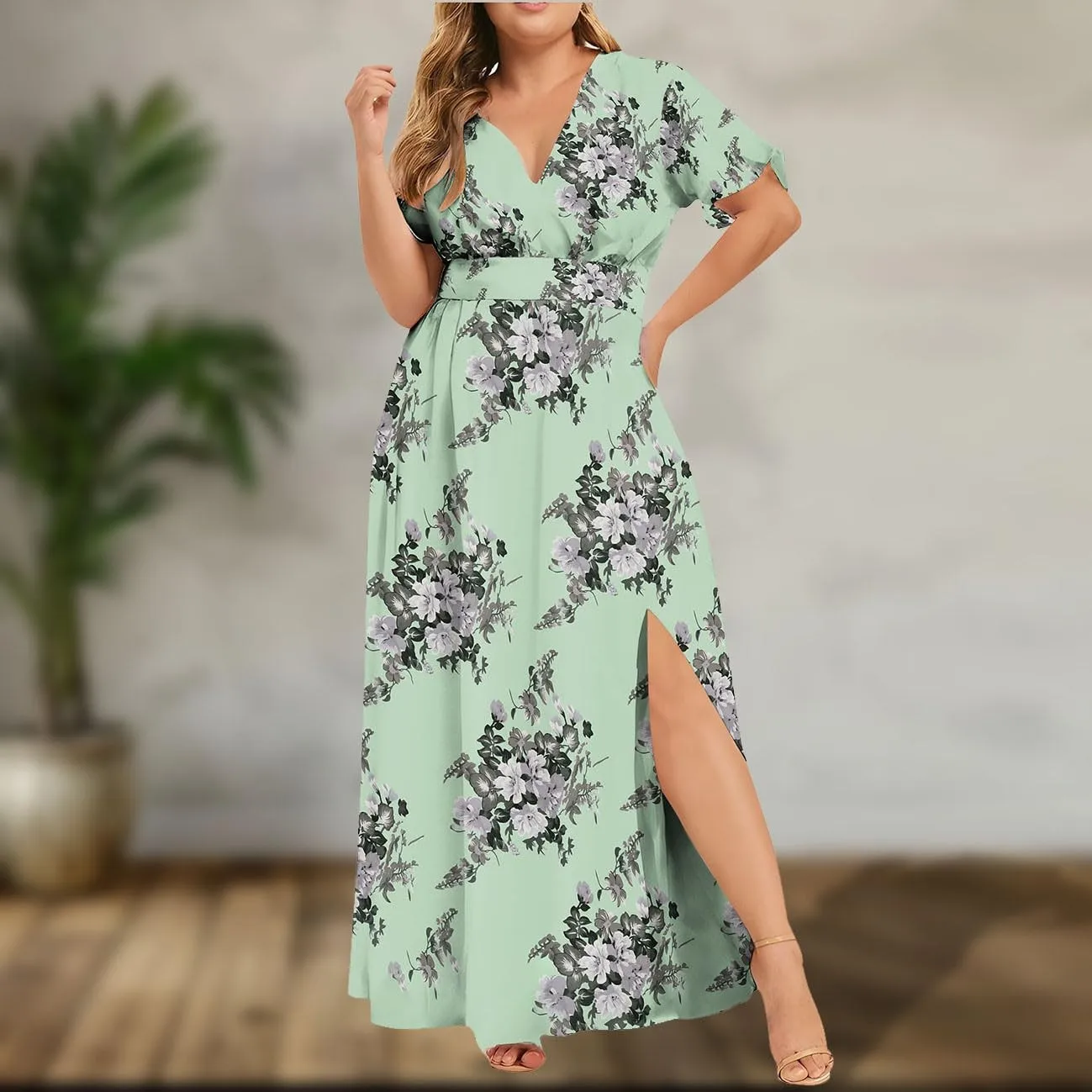 Plus Size letnie sukienki dla kobiet z krągłym elegancka modna sukienka Maxi z krótkim rękawem w szpic swobodne rozcięcie długie sukienki vestidos