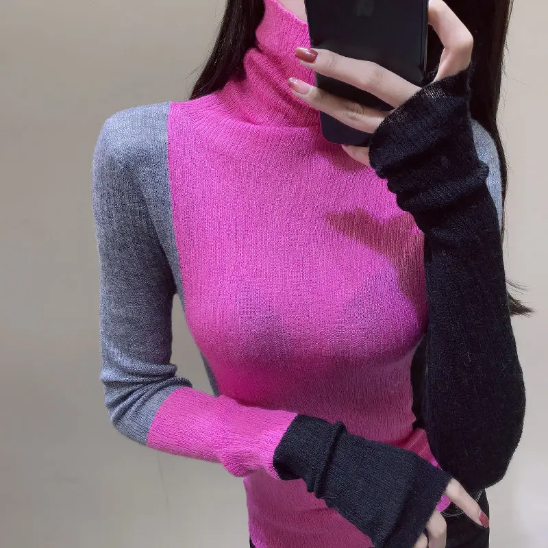 Fashion Turtleneck Asymmetrical Color Sweater Women\'s Clothing 2022 Autumn New Oversized Casual Pullovers All-match Korean Tops