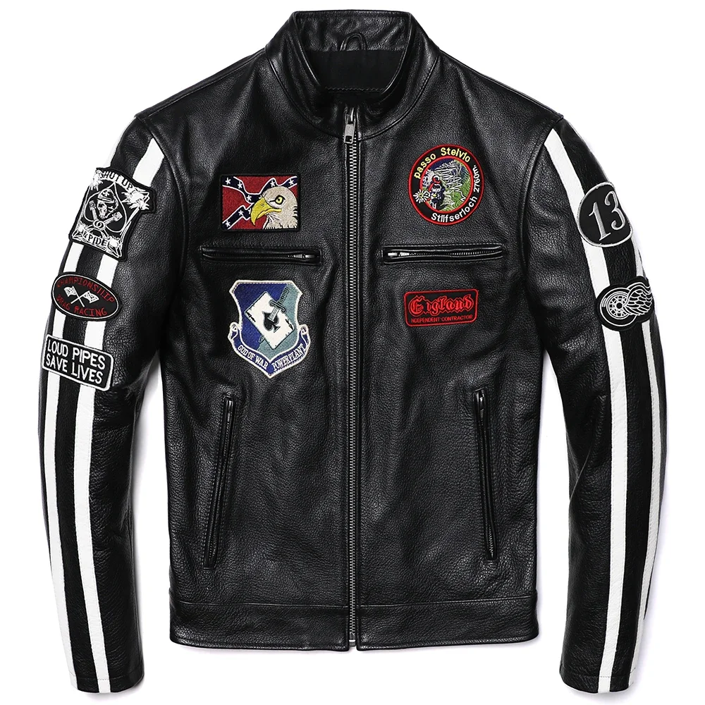 New Embroidery Motorcycle Biker Genuine Leather Jacket Men's Natural Cowhide Quality Coat Slim Short Clothing Jakcets