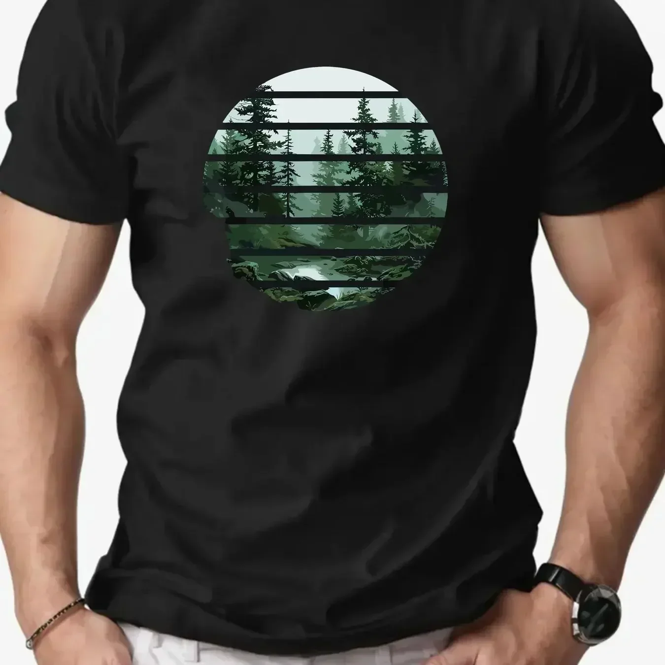 Men Forest Scene Graphic Tee Casual Summer Crew Neck Short Sleeve T-Shirt Cotton Breathable Fabric Men Clothing