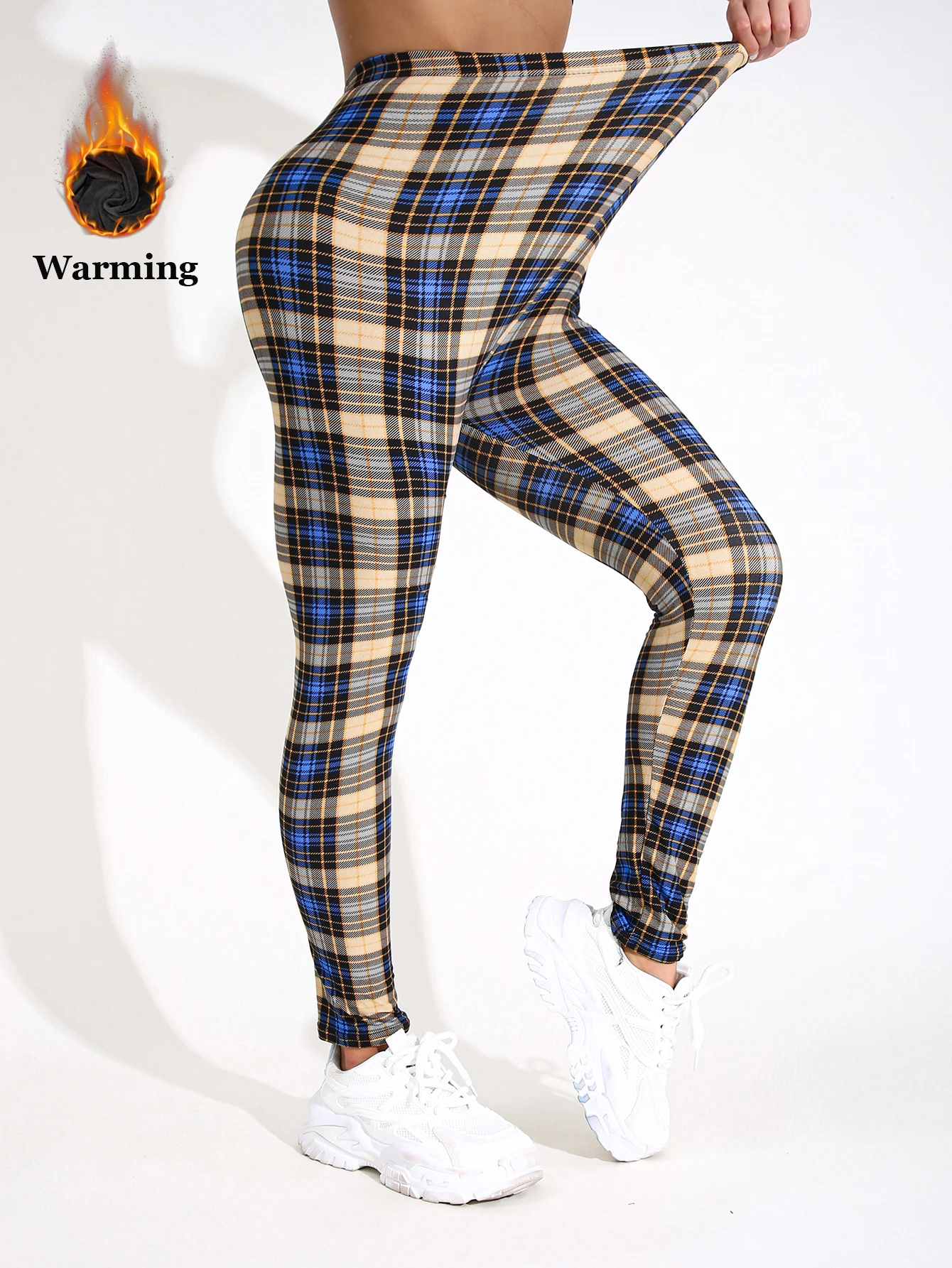 Autumn Winter 1PACK Women's Blue Checkered Plush Thick Sexy Tight Legging Casual Sports Elegant Fitness Yoga Pants