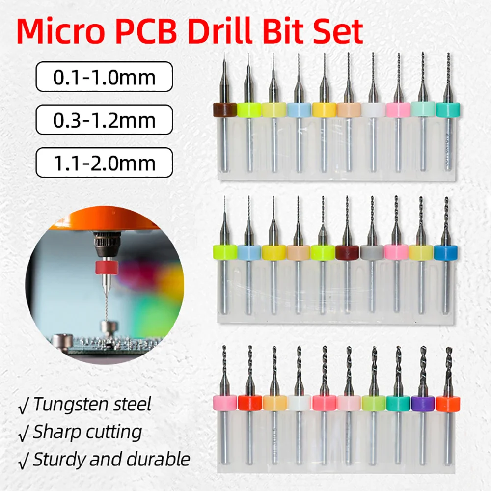 10pcs 0.1-3mm PCB Drill Bit Set Micro Drills Carbide Gun Drill Bit for Printed Circuit Board Hole Drilling Tools Twist Drill Bit