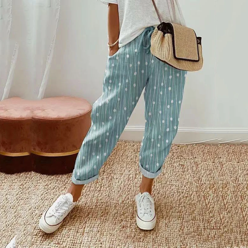 2023 Spring Summer Women Drawstring Waist Print Pocket Decoration  Mid-waist Straight Trousers Fashion Loose Casual Trousers
