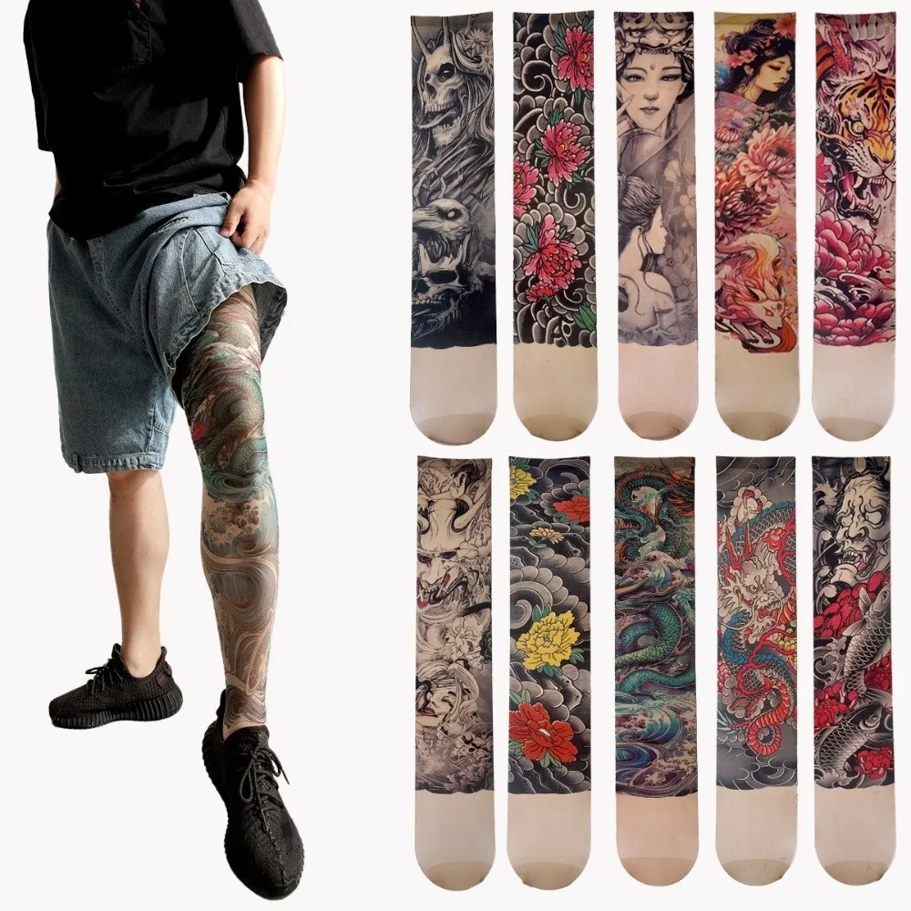 Fashion Simulated Tattoo Single-leg Socks Sexy Perspective Tattooed Stockings Mesh Personality Printed Thigh Socks Unisex