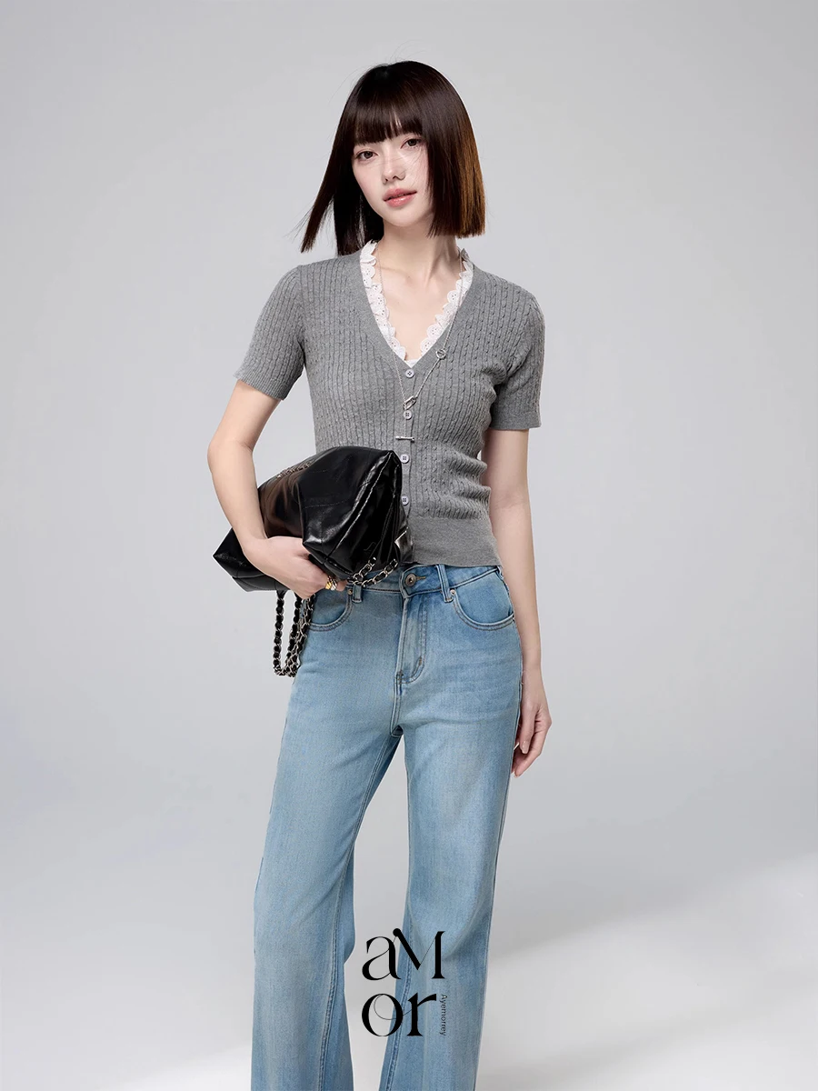 

Ele Simple ey Lace ort Sve Knitted Top Ayemorrey 'Lipu Park' Commute Sle V-Ne Button Closure Regular Fit