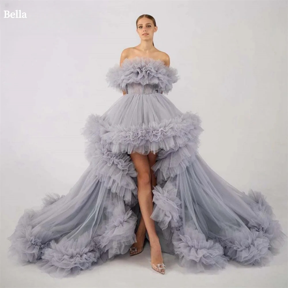 

Bella Strapless Tulle robes de soirée High-low Long Puffy Train A-line Prom Dresses Floor-length Multilayer Wedding Dress 2024