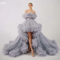 Bella Strapless Tulle robes de soirée High-low Long Puffy Train A-line Prom Dresses Floor-length Multilayer Wedding Dress 2024