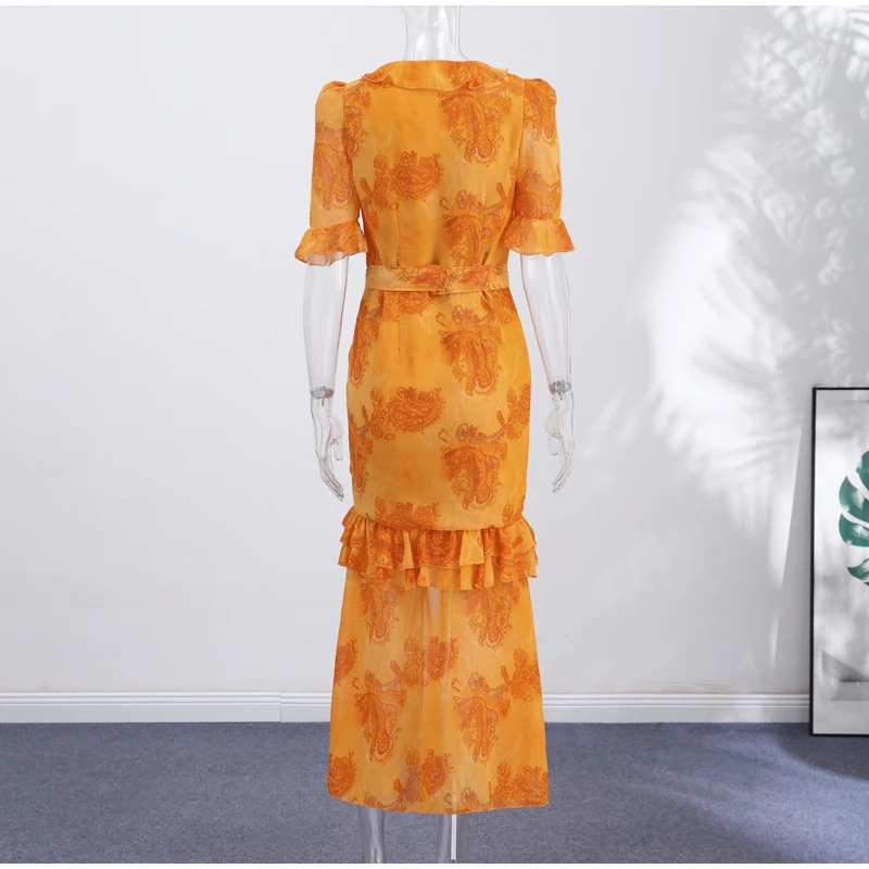 Elegant Ruffle Women's Long Dresses V Neck Half Sleeve Button Waist Cinching Pleated Dress 2026 Spring Lady Fashion Party Robes