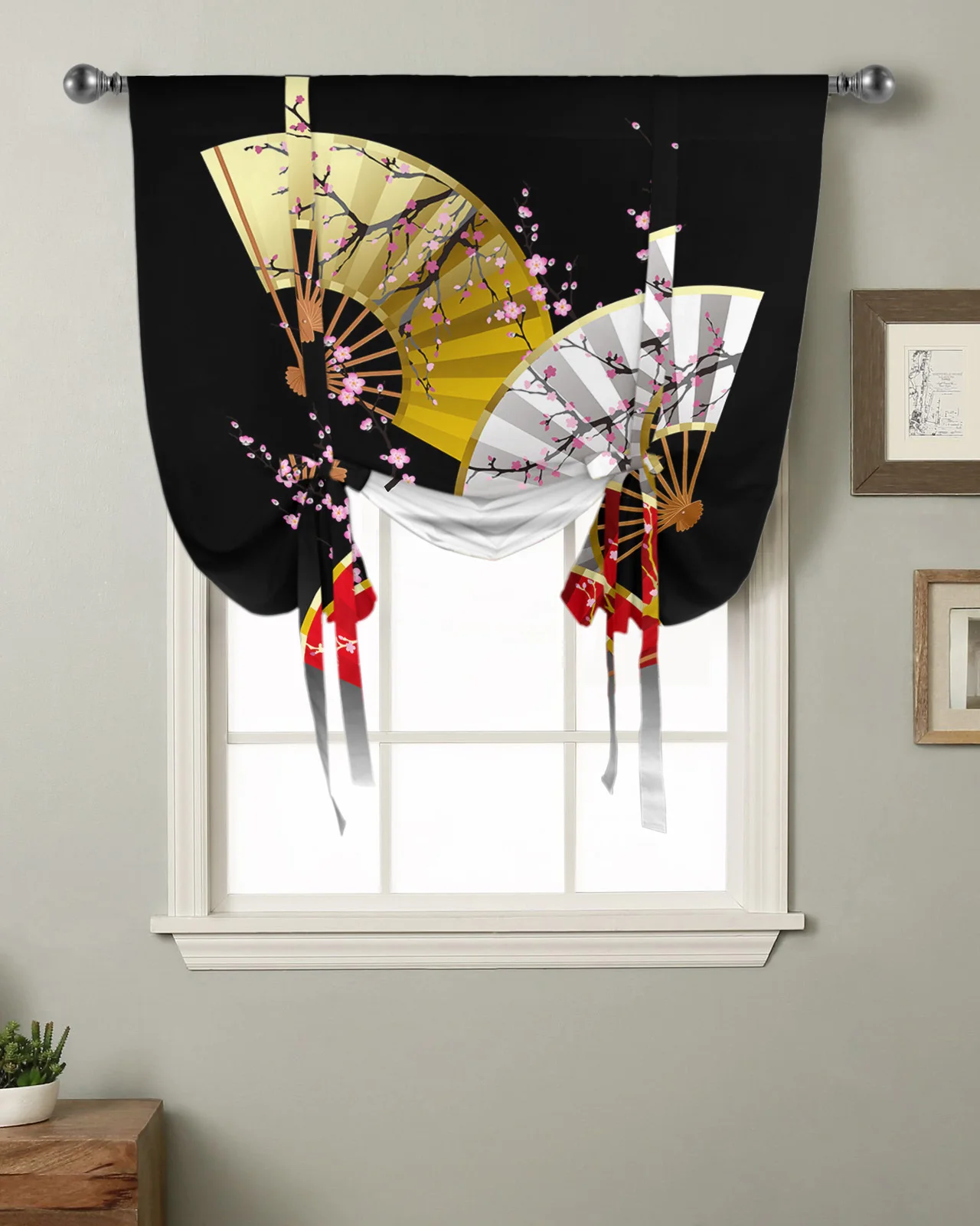 Japanese Fan Flower Plum Branch Window Curtain for Living Room Bedroom Balcony Cafe Kitchen Tie-up Roman Curtain