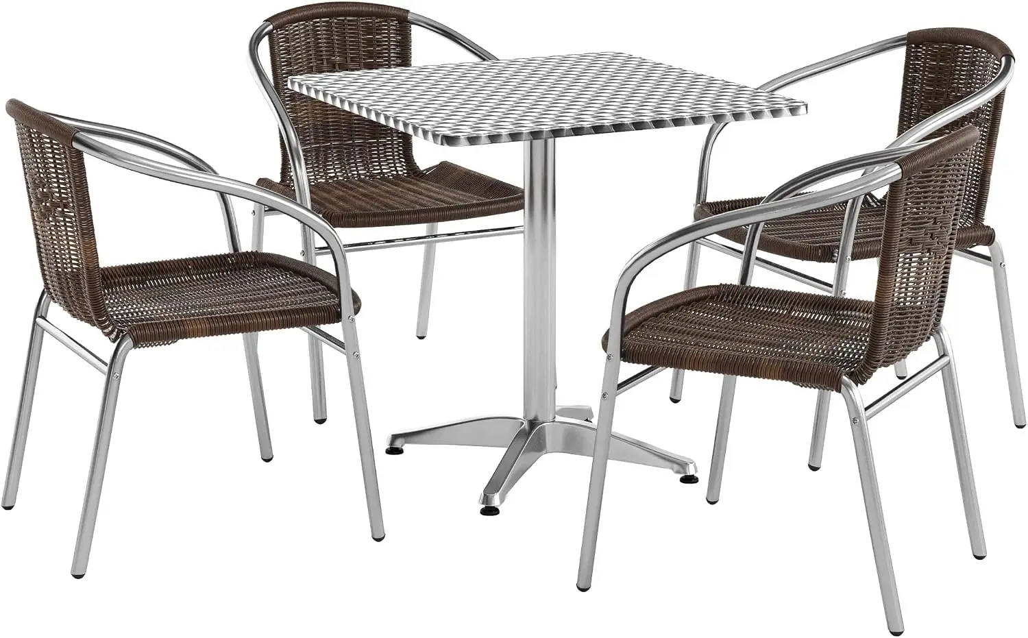 27.5'' Square Aluminum Indoor-Outdoor Table Set with 4 Dark Brown Rattan Chairs | Aluminum Tabletop, Indoor/Outdoor
