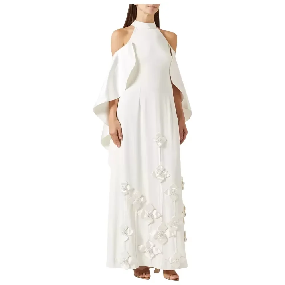 

Women's Customized Floor Length Evening Dress with 3D Floral Appliqué Halter Neckline Off-Shoulder Back Zipper Straight Gown