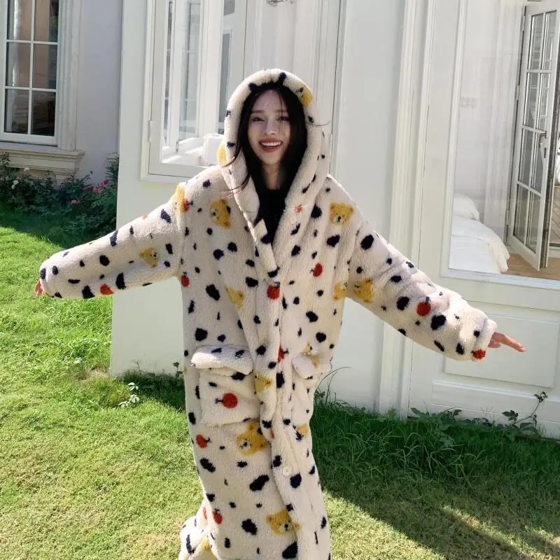 

Winter Woman Robe Pajama Set Coral Fleece Wearable As Outerwear Soft Sleepwear Keep Warm Nightwear Student Pj Hooded Homewear