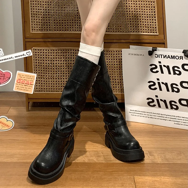 Black retro British style thick soled boots for women 2025 new spring and autumn season knight