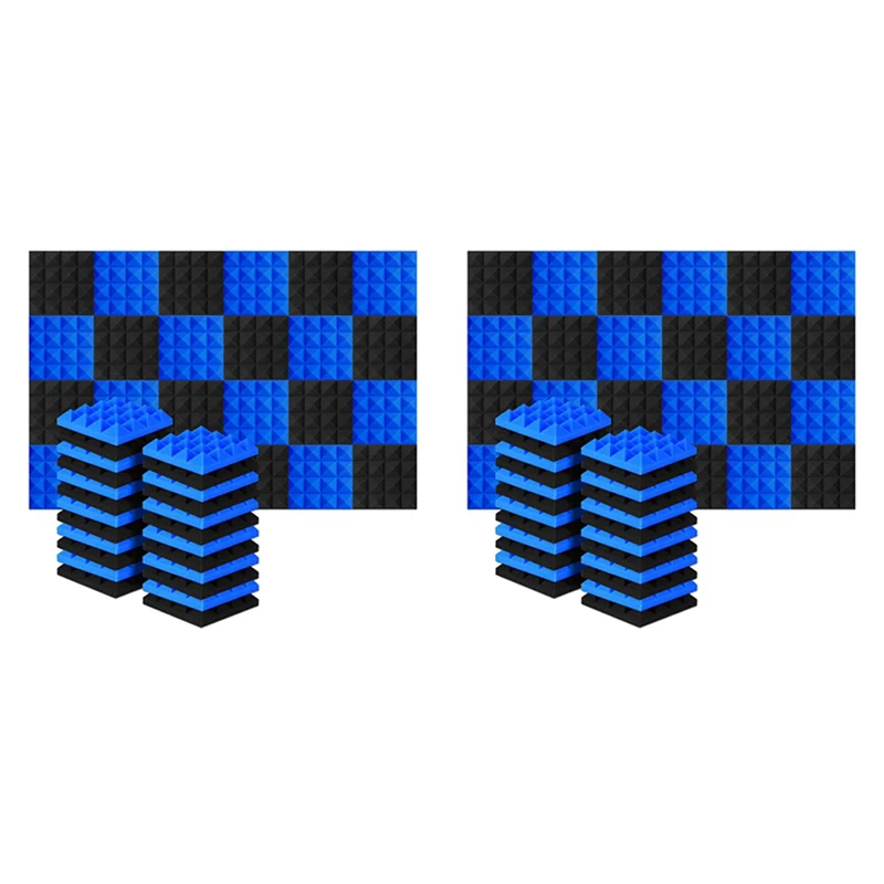 

ABJM-48Pcs 25X25x5cm Studio Acoustic Soundproof Foam Pyramid Noise Insulation Sound Absorption Treatment Panels Black+Blue