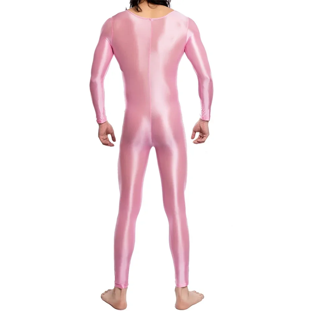 Mens Shiny Oil Glossy Fitness Bodysuit Round Neck One-piece Man Jumpsuit Sport Gym Yoga Costumes Smooth Long Sleeve Swim Leotard