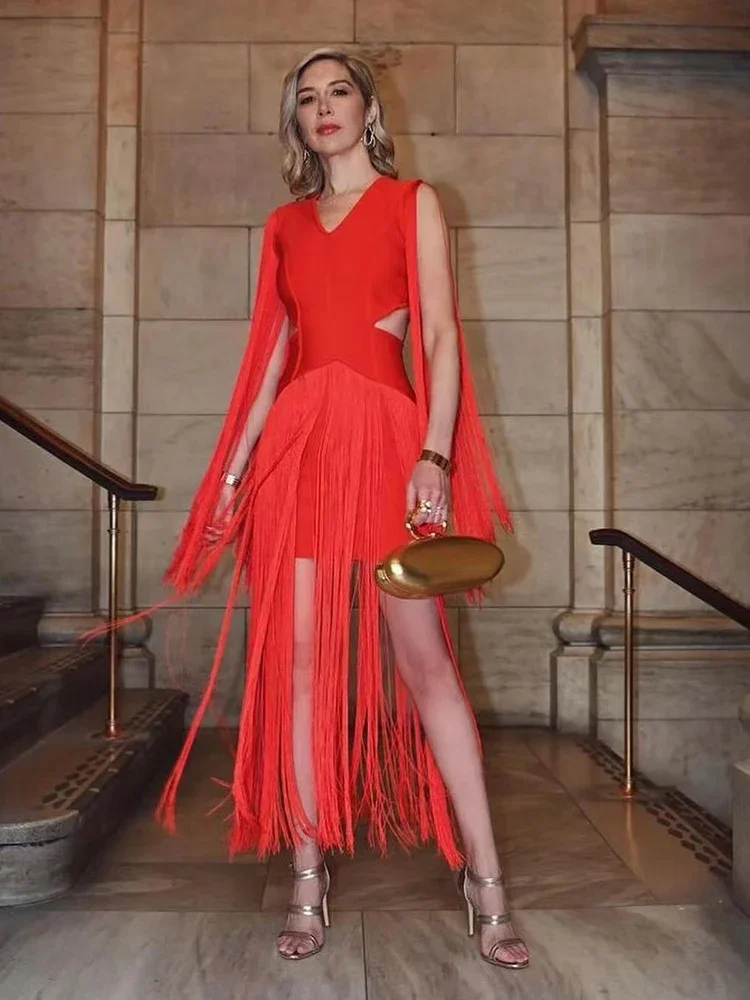 

Sexy V Neck Tassel Sleeves Long Bandage Dresses Women Red Sleeveless Hollow Out Tassels Bodycon Dress Evening Prom Party Gown