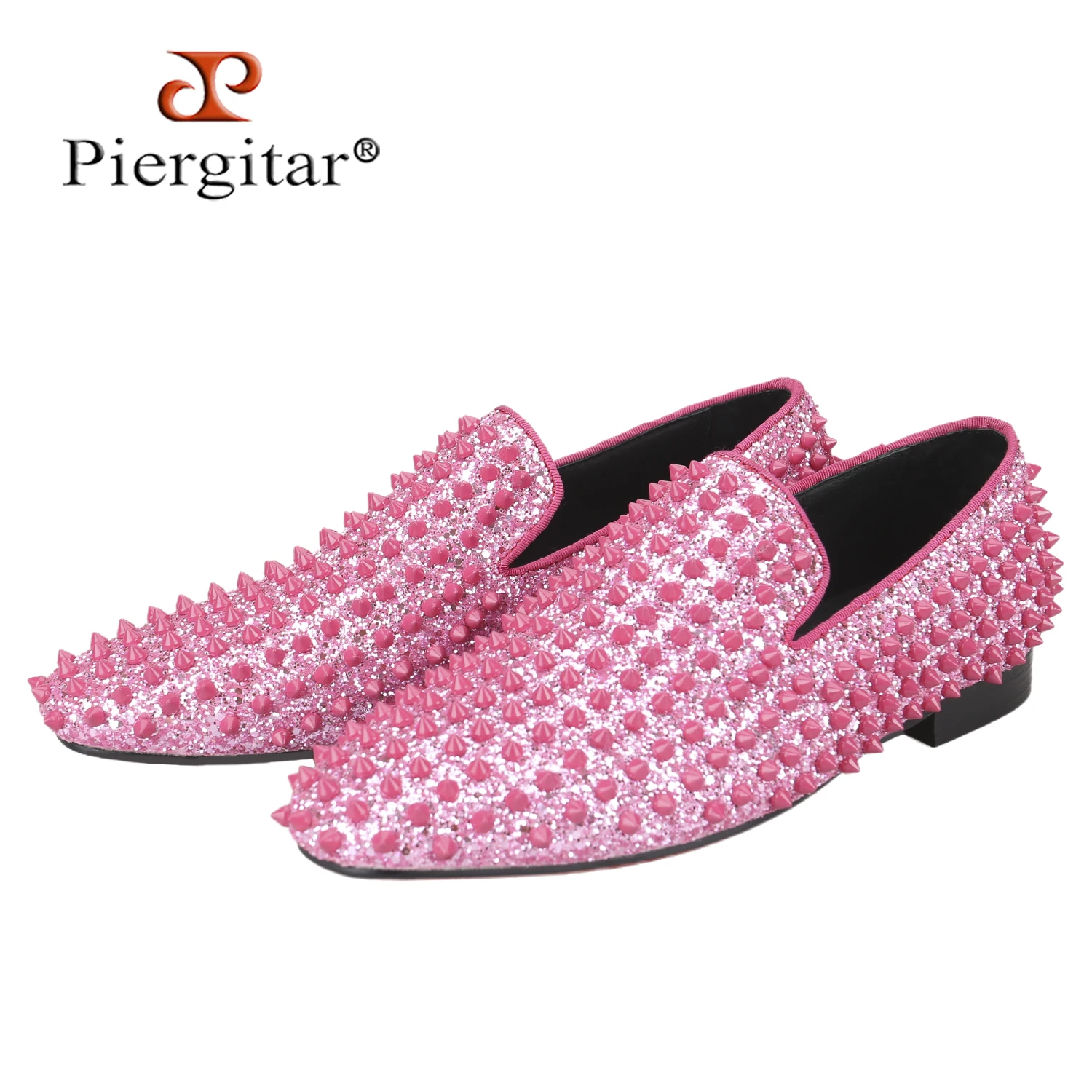 Piergitar New Model Pink Sequined Cloth With Handmade Matching Color Spikes Men's Loafers CL Brand Same Red Outsole Slip-On Flat