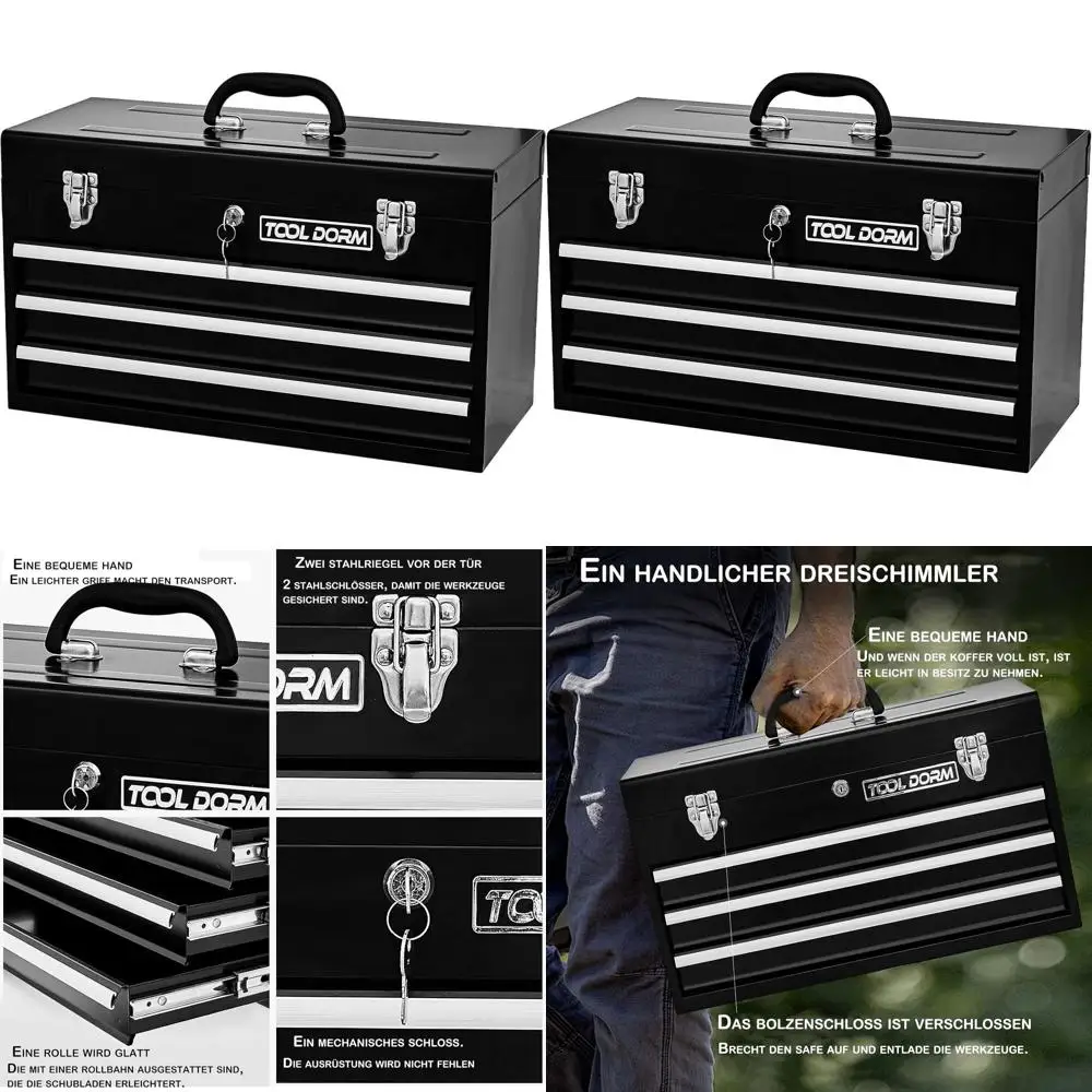 

Portable 3-Drawer Steel Toolbox with Protective Liner, Latch, and Lock for Garage, Home, and Warehouse Use (Black)
