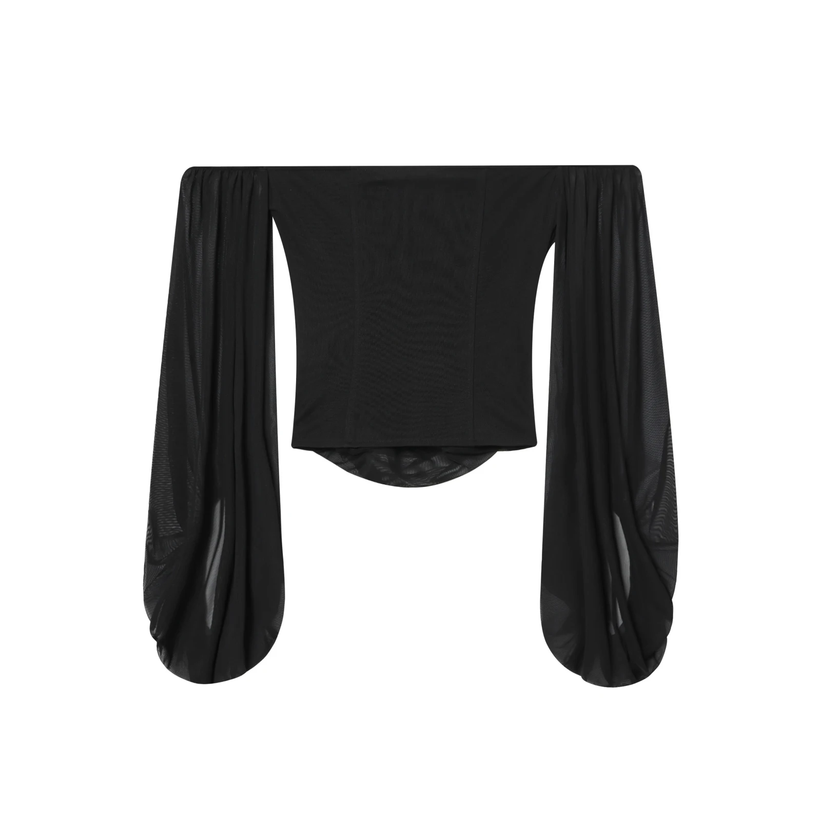 Winter new women's casual style pleated decoration semi transparent long sleeved straight neck hanging top