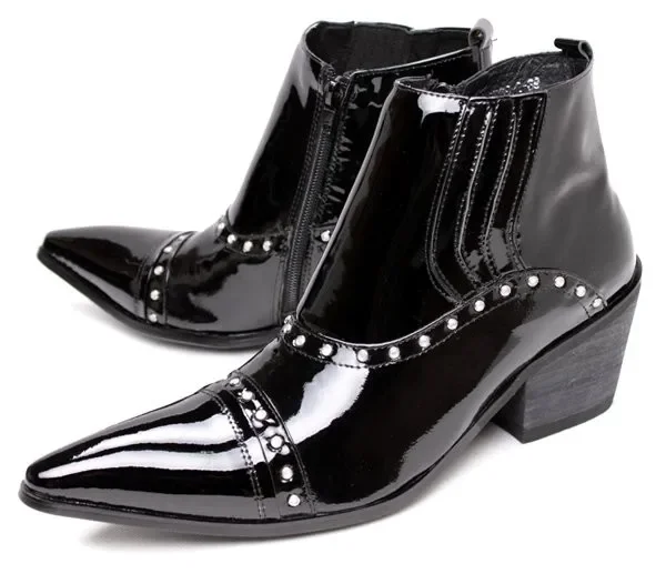 Italian Luxury Pluse Size High Heels Patent Genuine Leather Western Cowboy Boots Studded Black Military Boots Dress Shoes Mens