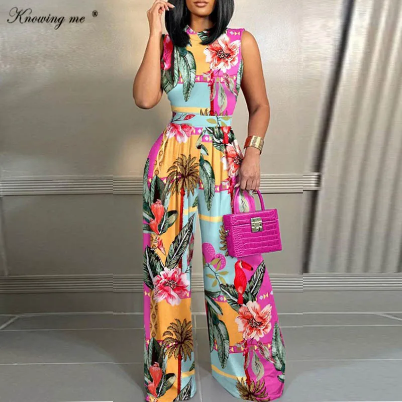 

Summer Beach High Waist Jumpsuit Elegant sexy sleeveless Wide Leg Romper Lady 2023 Fashion Printed one piece bodycon overalls
