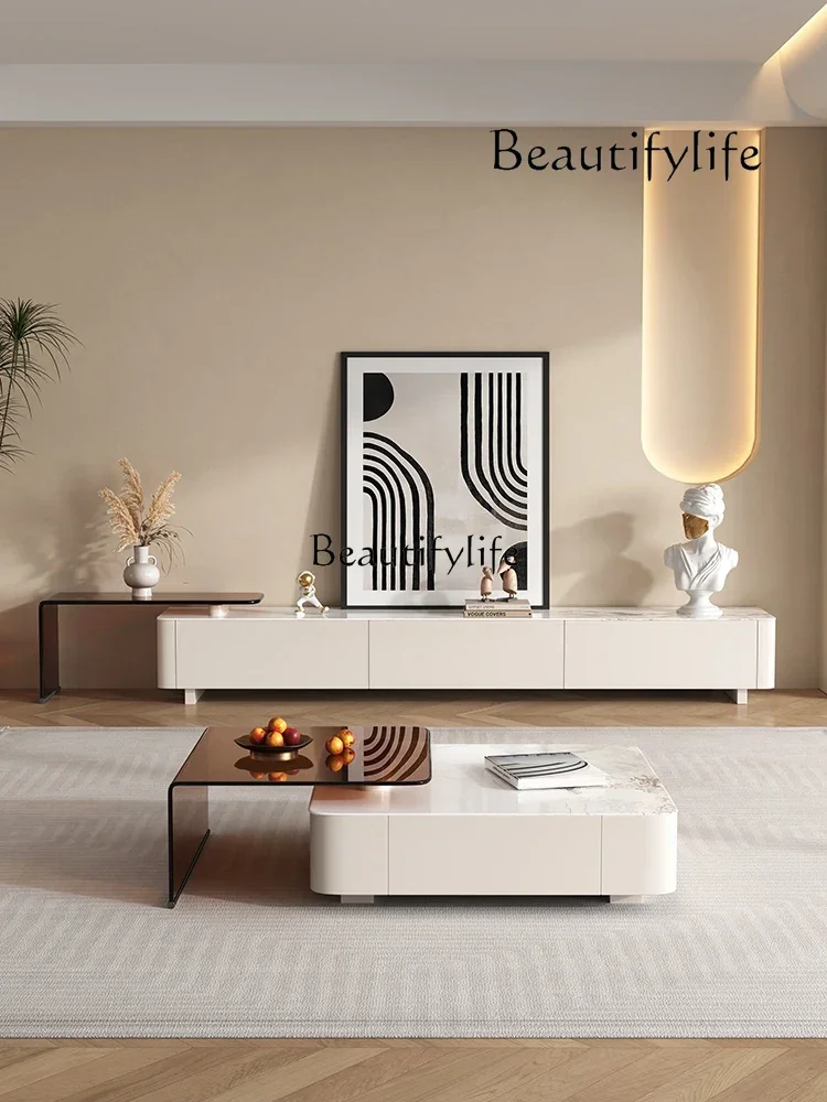 N Stone Plate Coffee Table TV Cabinet Combination Modern Simple Small Apartment Living Room New Retractable Cabinet