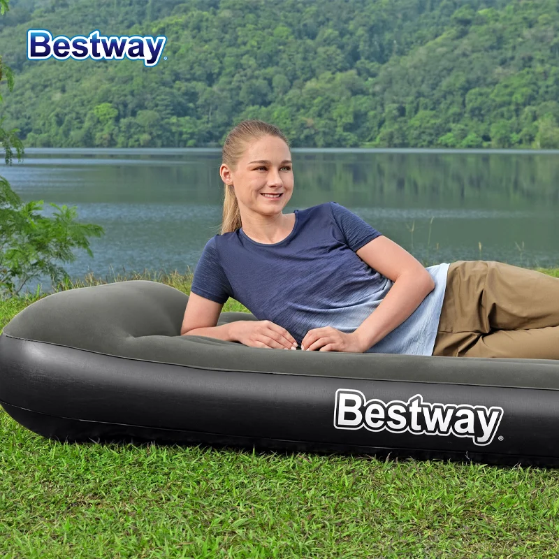 Bestway67682/67681/67680 1 Piece 3 Size Indoor/Outdoor Soft Top Air Mattress with Pillow Design (Without Pump), Flocked Moisture