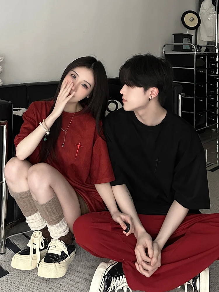 American Style Heavyweight Suede Short Sleeve T-Shirt Unisex Loose Versatile Streetwear Embroidered Couple Half Sleeve Body T...