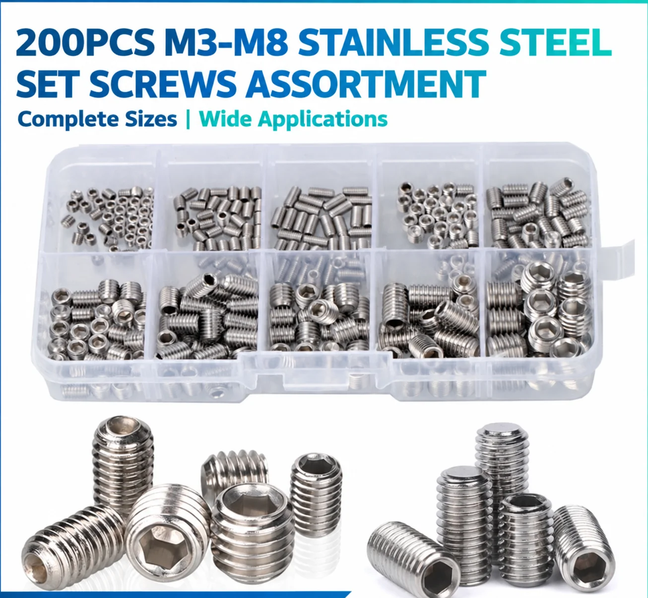 200PCS 304 Stainless Steel Cup Point Set Screw Assortment Kit M3 M4 M5 M6 M8 Hex Socket Grub Screws