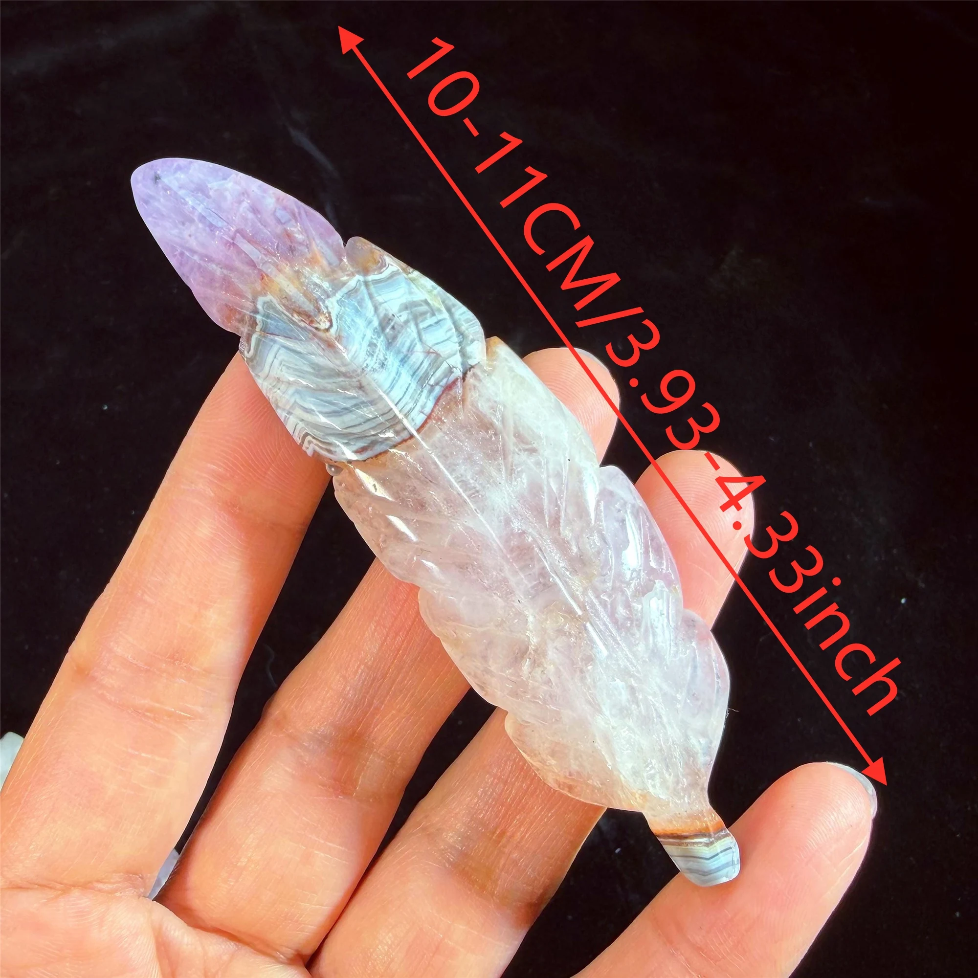 Natürlicher Amethyst & Crazy Lace Achat Feder Handgeschnitzte Polierte Kristallskulptur Lila Gebändertes Exemplar Sammlerstück – Detail 4