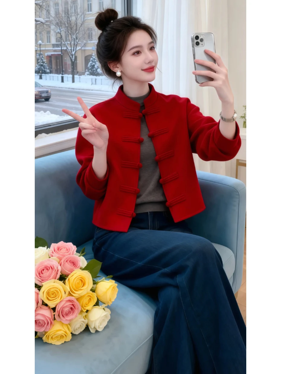 

New Chinese Sle Red Button Coat Women's Faionable High-End Sensation Beautiful Top Quali Loose Fit Long Sve Coat