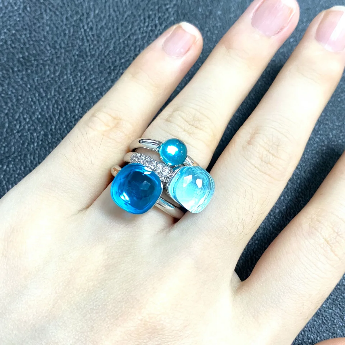 

3Pcs/Set Ring Set For Women Stacked Mix Color Crystal Ring Candy Style Ring Blue Topaz Aquamarine Turquoise Stacking Ring Set