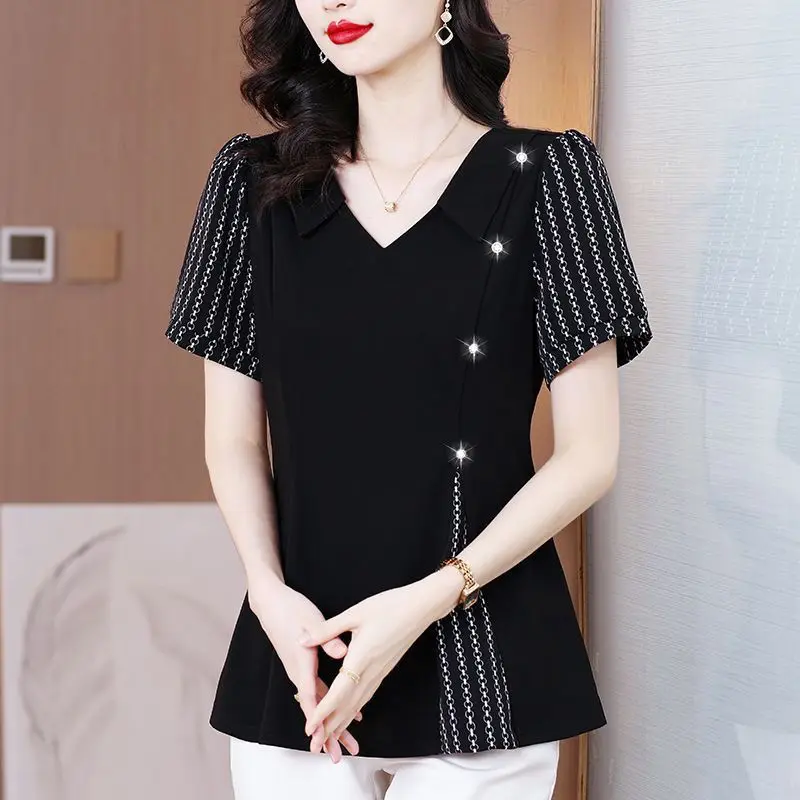 

Шифоновая рубашка. Женский топ с короткими рукавами, облегающий талию и модная рубашка уменьшает возраст и прикрывает живот.