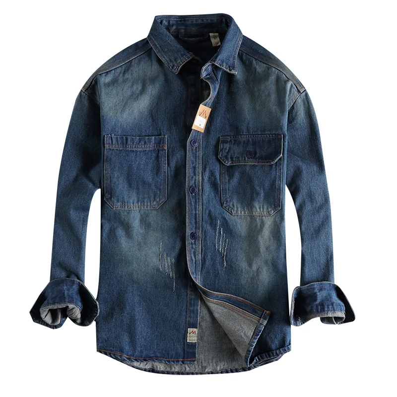 Autumn American Retro Heavyweight Denim Cargo Shirt Men\'s Fashion Pure Cotton Washed Old Long Sleeve Double Pocket Casual Tops