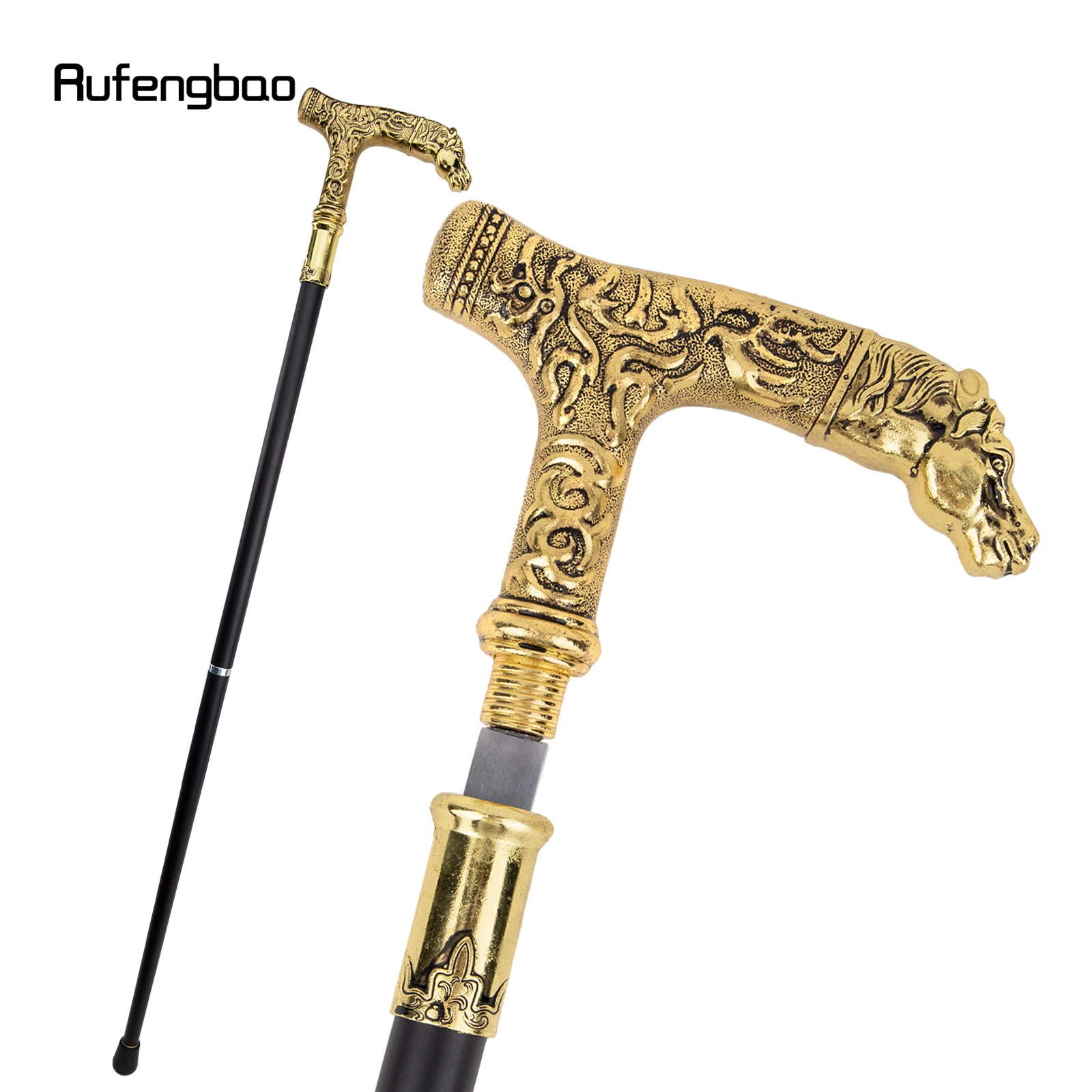 Golden Horse Handle Luxury Walking Stick with Hidden Plate Self Defense Fashion Cane Plate Cosplay Crosier Stick 90cm