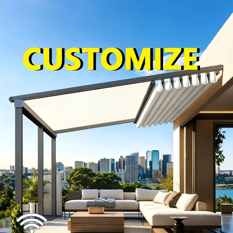 Any Size Custom Outdoor Drainage Retractable Awning Aluminum Waterproof Rainproof Patio Garden Balcony LED Sun Shades UV Resista