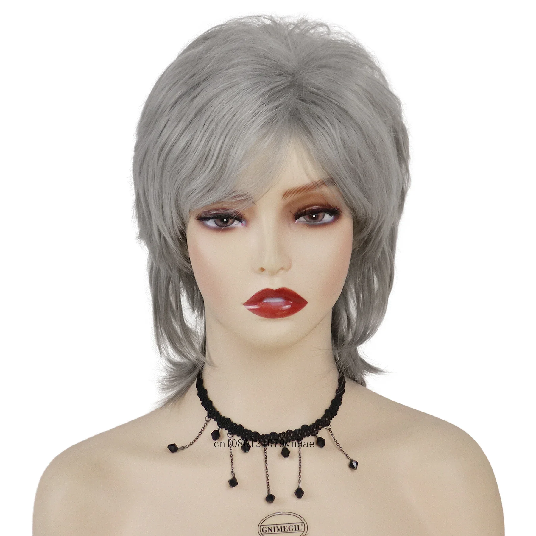 Grandma Grey Mullet Wigs for Women Synthetic Short Curly Wig with Bangs Daily Cosplay Costume Party Heat Resistant Older Wig