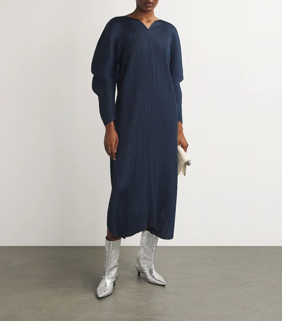 Miyake Pleated Long Sleeves V-neck Pullover Wormhole Midi Dress