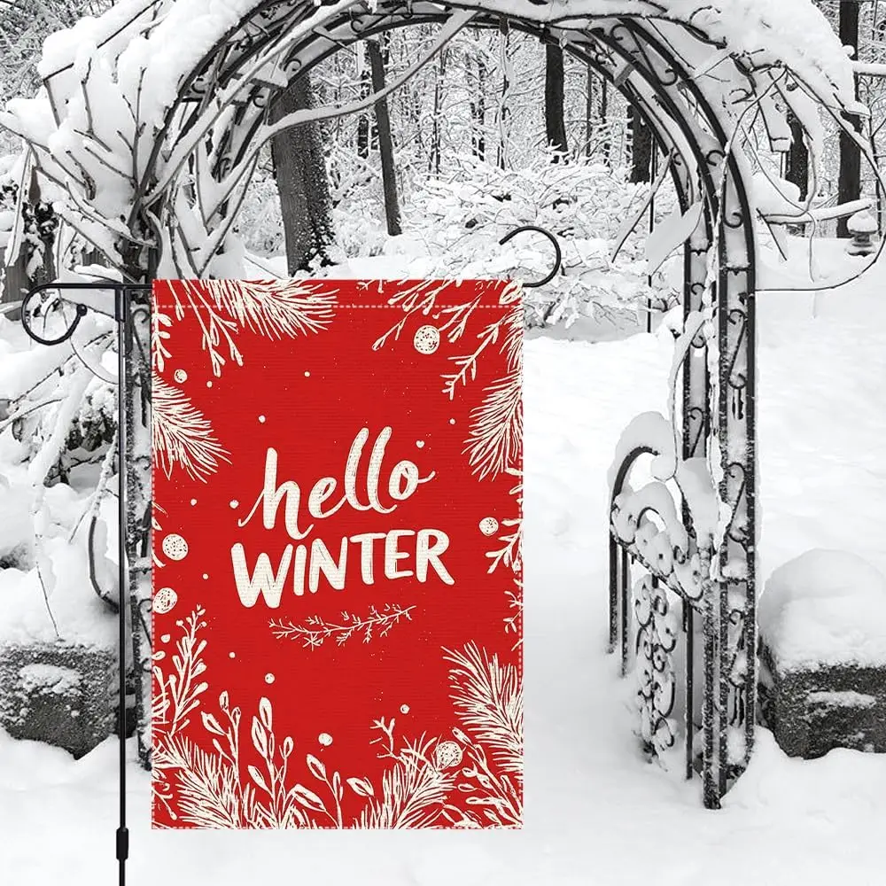 Hello Winter Garden Flag 12x18 Inch Double-Sided Burlap Flag with Winter Floral Design for Home and Yard Decor UUL EEZ