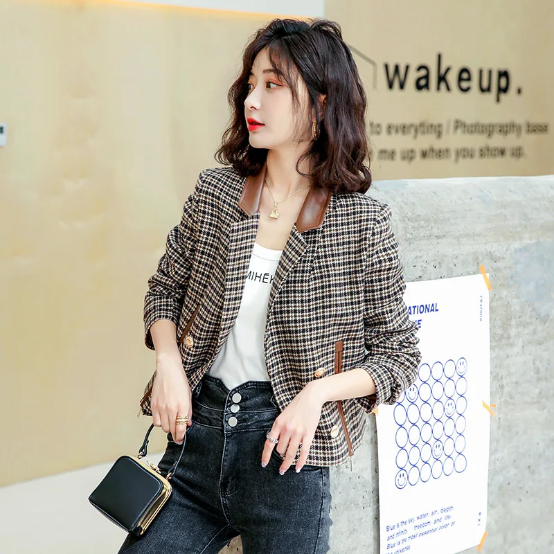Women's Plaid Stitching Suit Woolen Popular Coat Autumn Winter Lapel Short Fashion Casual Blazers