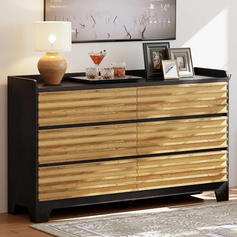 

6-Drawer Dresser for Bedroom with 3 Hooks, 59" Wide Wood Dresser Chests of Drawers with Elevated Top, TV Stand with Curved Prof