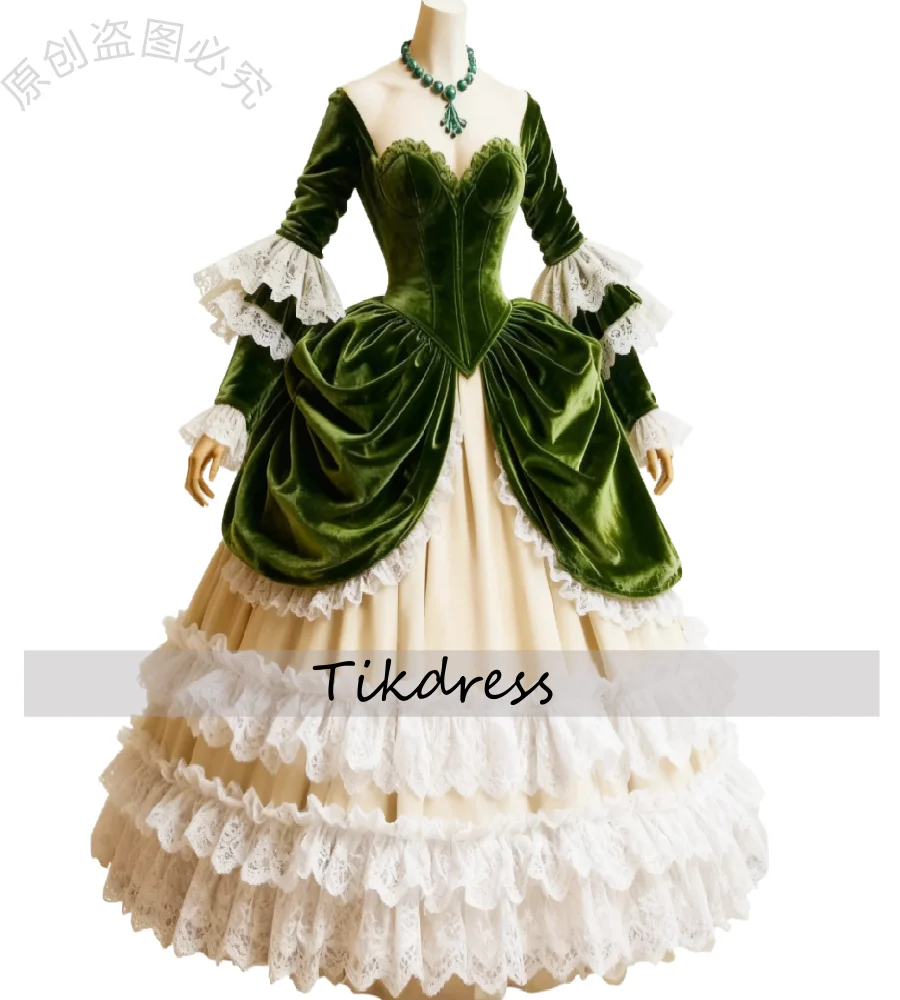 

Винтажное фэнтезийное средневековое платье 2026 с длинными рукавами и оборками, кружево, зеленый бархат, викторианские вечерние платья, элегантная суета, официальная вечеринка
