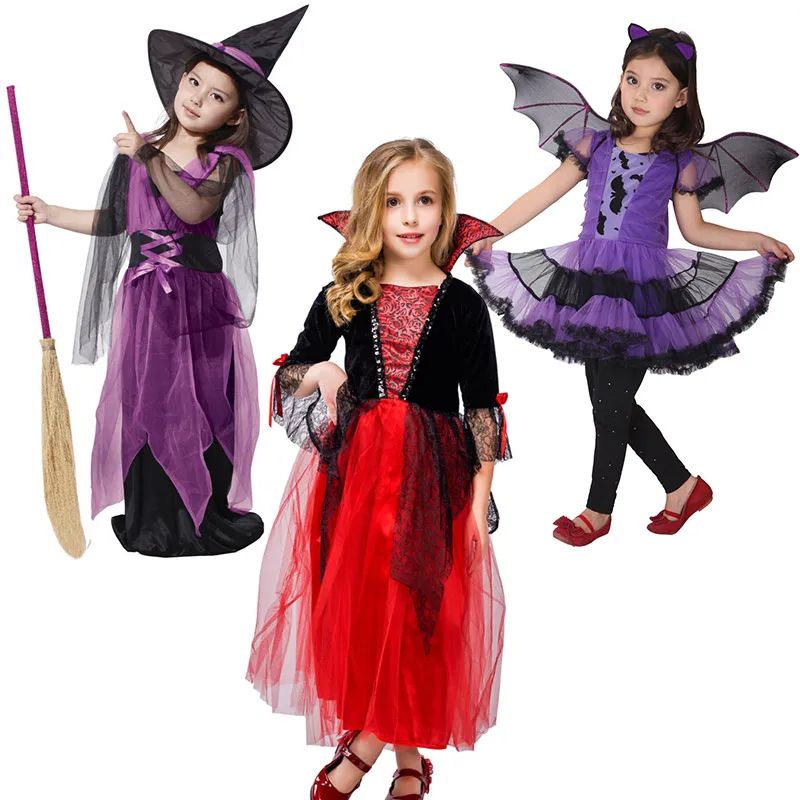 

MUABABY 2024 Middle Ages Vampire Costume Halloween Apparel Witch Dress with Hat Girls Purim Villain Cosplay Devil Wizard Frock